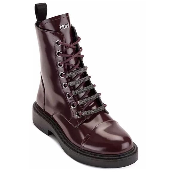 DKNY Boots Size 6‎ Womens Bordeaux Leather Lace Up Combat Block Heel NEW - Picture 1 of 11